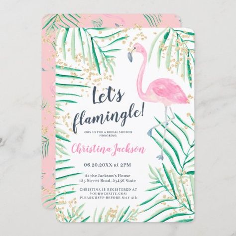 Lets Flamingle Tropical Watercolor Bridal Shower Invitation #zazzle #weddinginvitations #birthdayinvitations #babyshowerinvitations #zazzleinvitations #monogram #businesscards #graduation #homedecor Lets Flamingle, Tropical Bridal Shower Invitations, Watercolor Bridal Shower Invitations, Tropical Wedding Theme, Pink Flamingos Birds, Beach Bash, Girly Graphics, Let's Flamingle, Gold Glitter Confetti