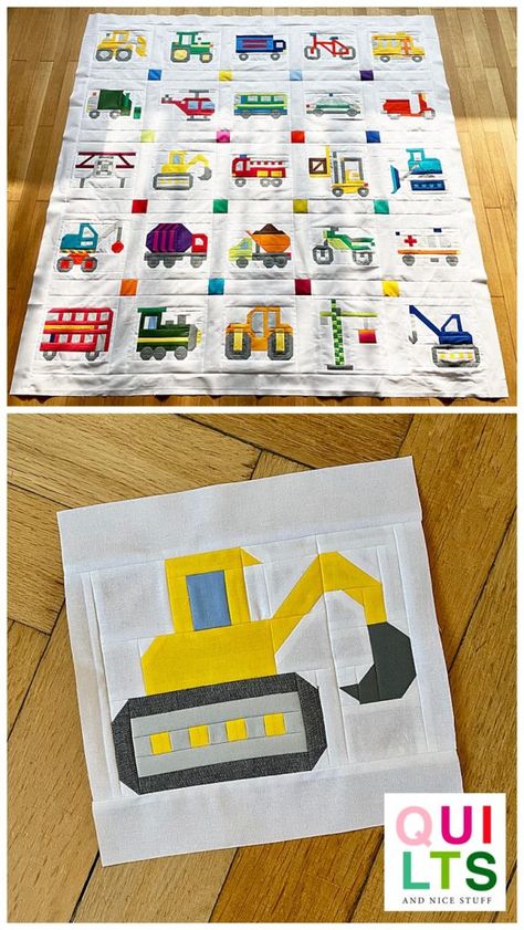 Vehicle Quilt Pattern, Excavator Quilt Pattern, Solid Color Quilts Simple, Quilts For Baby Boys, Little Boy Quilts Ideas, Toddler Quilt Pattern, Patchwork Quilts Modern, Boy Quilts Ideas, Kids Quilts Ideas