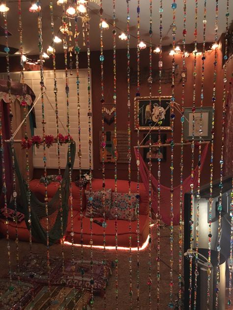 Tapestry On The Celling, Whimsigoth Dorm Room, Tarot Themed Room, Ceiling Tapestry Ideas, Tapestry Decor Ideas, Beaded Door Curtains Hippie, Hippy Beads Doorway, Pink Beaded Curtains Doorway, Hippy Room Curtains & Drapes