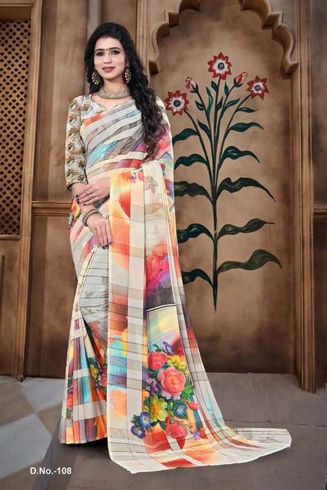 Digital Saree, Modern Saree, Floral Wreath Watercolor, Sarees Collection, Stylish Sarees, Digital Flowers, Georgette Sarees, Half Saree, Printed Sarees