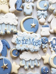 Over The Moon Cookies, Baby Shower Cookies For Boy, Baby Shower Cookies Neutral, Moon Baby Shower Theme, Cloud Cookies, Baby Bottle Cookies, Boy Babies, Baby Boy Cookies