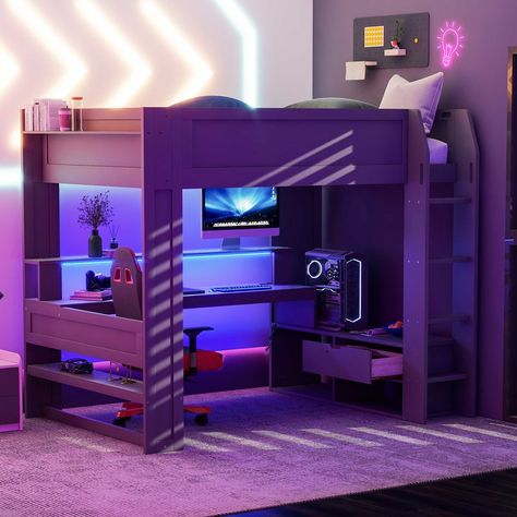 [Maximize Your Space] Our full size gaming loft bed is a multifunctional piece of furniture that includes a bed, desk, LED lights, charging station and Multi-storage Shelves all in one convenient package. Gaming Loft Bed, Boys Gamer Bedroom, Gaming Loft, Gaming Bed, Loft Bed With Desk, Kids Loft, Loft Bed Frame, Future Bedroom, Bed With Desk