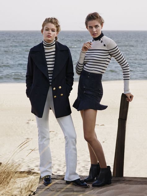 Rag & Bone peacoat; IRO sweater; Joie jeans; Stuart Weitzman shoes. Isabel Marant sweater and skirt; J Brand sweater (underneath); Aldo boots. Sailing Fashion, Nautical Aesthetic, Aldo Boots, W Magazine, Estilo Preppy, Sailing Outfit, Nautical Fashion, Christian Lacroix, Looks Style