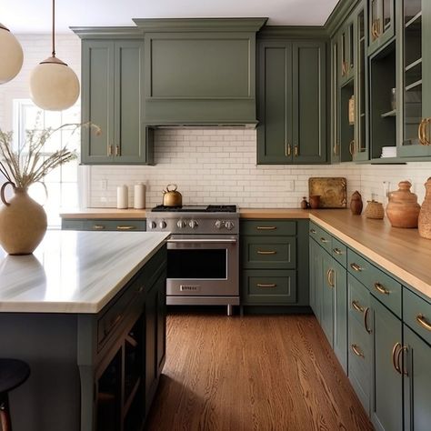 15 Kitchens With Sage Green Cabinets You Will Love - Rhythm of the Home Black Island Green Cabinets, Sage Green Cabinets, Green Kitchen Island, Sage Kitchen, Green Kitchen Designs, Dark Green Kitchen, Sage Green Kitchen, Green Kitchen Cabinets, Rustic Modern Kitchen