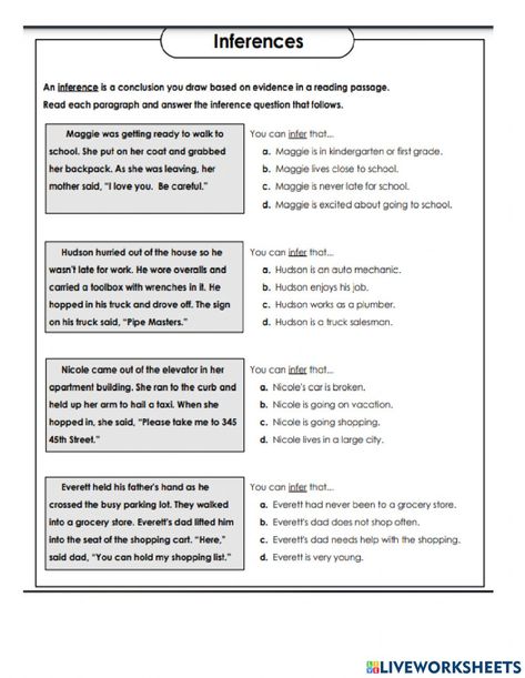 Inferencing Worksheets, Making Inferences Worksheet, Inference Worksheet, Teaching Inferencing, Teaching Inference, Reading Intervention Classroom, Inferencing Activities, Introductory Paragraph, Late For School