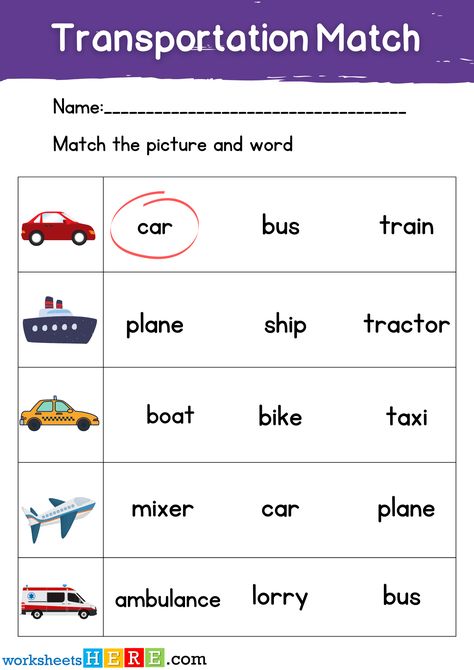 Circle Transportation Names with Correct Pictures Activity PDF Worksheets For Kindergarten - WorksheetsHere.com Transportation Worksheet Kindergarten, Transport Worksheets For Kindergarten, Kindergarten Transportation, Transportation Preschool Activities, Transportation Worksheet, Transportation Preschool, Worksheets For Kindergarten, By Bus, Canoe Trip