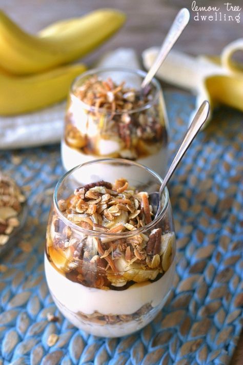 Banana Maple Yogurt Parfait with homemade Banana Bread Granola Overnight Oats Healthy Clean Eating, Breakfast Yogurt Parfait, Banana Bread Granola, Lemon Tree Dwelling, Yogurt Parfait Recipe, Greek Yogurt Parfait, Morning Meals, Granola Parfait, Homemade Banana Bread