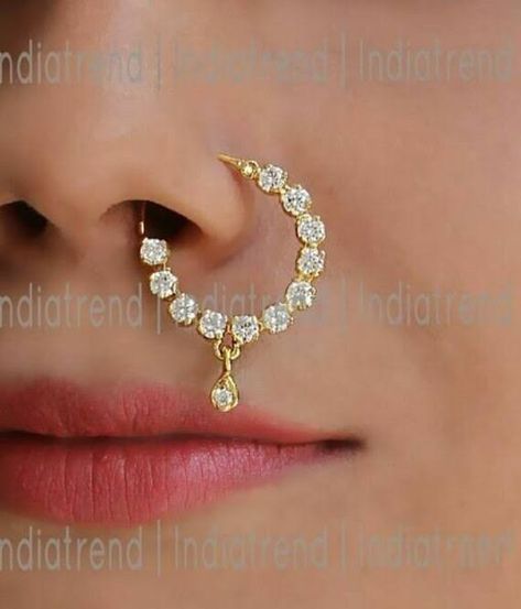 Wedding Nose Piercing, Sneha Saree, Kundan Nath, Nath Designs, Spiderbite Piercings, Gold Nath, Nose Jewellery, Chain Piercing, Bridal Nath