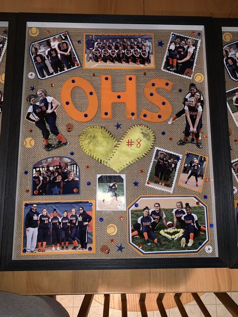 Softball Sr Night Ideas, Softball Senior Night Gifts Basket, Softball Senior Night Ideas Posters, Senior Gift Ideas High School Sports Softball, Softball Shadow Box Ideas, Senior Night Softball Ideas, Senior Softball Gift Ideas, Softball Senior Night Ideas, Softball Senior Night Gifts