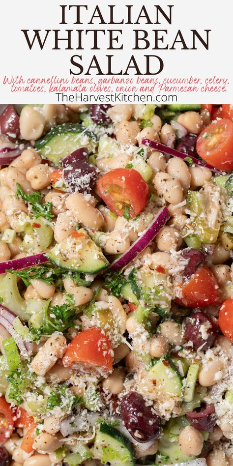 This Italian White Bean Salad recipe is a delicious mix of canned cannellini beans and garbanzo beans, cucumber, tomatoes, onion, celery, kalamata olives, Parmesan cheese and herbs. It’s all tossed in an amazing red wine vinaigrette that makes this salad really delicious. This Tuscan white bean salad is quick and easy to make and it is always a crowd-pleaser! Quick Bean Salad, Crowd Pleaser Salads, Cannellini Beans Salad, Greek Dense Bean Salad, Summer Bean Salad Recipes, Italian Bean Salad Recipes, Bean And Pasta Salad, Italian Pot Luck Dishes, Italian Bean Salad