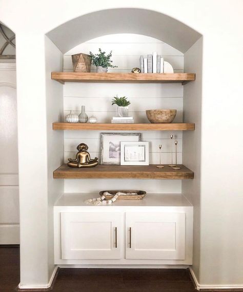 How To Style A Wall Nook, Nook Shelves Ideas, Built In Shelves In Nook, Nook In Wall Ideas, Decorative Nook In Wall, Hall Nook Ideas Hallways, Storage Nook Ideas, Hallway Nook Decor, Shelving In Alcoves