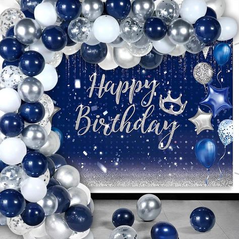 Accessories For Graduation, Navy Blue Balloons, Balloon Accessories, Silver Party Decorations, Blue Party Decorations, Balloons Arch, Balloons Decoration, Blue Birthday Parties, Mens Birthday Party