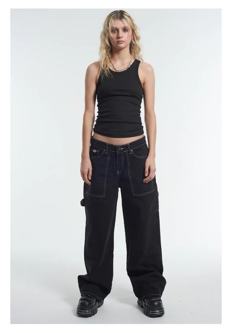 Black Jeans With White Stitching Outfit, Ragged Priest Jeans, Jeans Embroidery, Ragged Jeans, Vest Crop Top, The Ragged Priest, Cargo Pants Outfit, Ragged Priest, Baggy Clothes