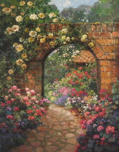 Scenery Paintings, Cottage Art, 수채화 그림, Garden Painting, Paintings I Love, Beautiful Paintings, Painting Inspiration, Landscape Art, Aesthetic Art