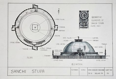 Sanchi Stupa Sketch, Great Stupa At Sanchi, Indian Art History, Architecture Sheets, Architectural Sheets, Bubble Diagram Architecture, Sanchi Stupa, Buddhist Architecture, Interior Design History