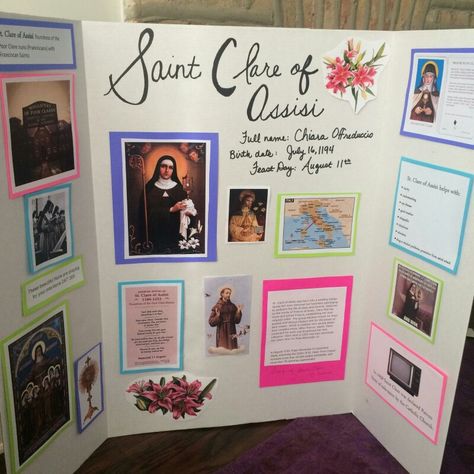 Saint Poster Board for Confirmation instead of a 2 page paper. Students can be creative and present their Saint this way. #MVEGA original idea Poster Board Ideas Creative School, Confirmation Poster Ideas, Poster Presentation Ideas Creative, Saint Poster Board Ideas, Trifold Poster Board Ideas Creative, Confirmation Project Ideas, Saint Research Project Student, Saint Projects For Confirmation, Catholic Schools Week Art Projects