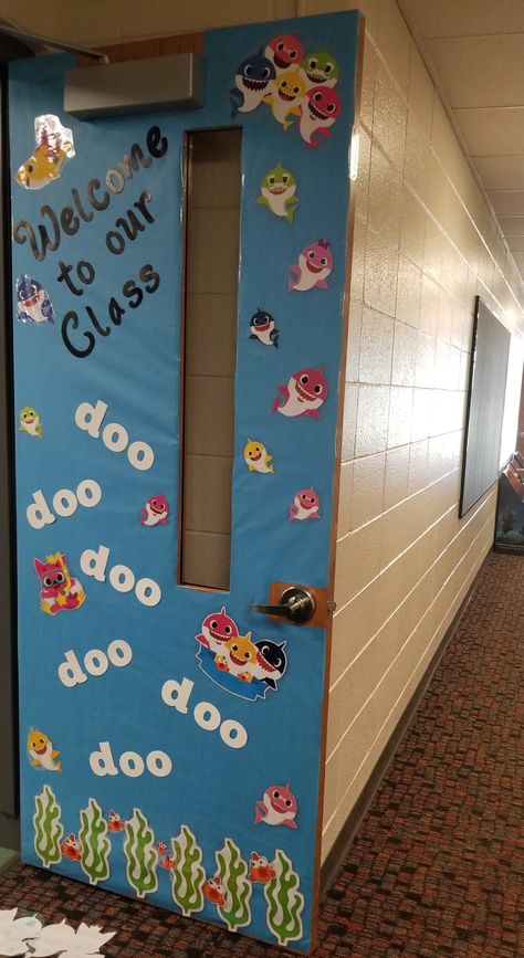 Classroom door decor! #babyshark #doodoodoo Classroom Door Decorations Kindergarten, Nursery Classroom Door Decoration Ideas, Welcome Door Preschool, August Door Decorations, Toddler Door Ideas, Playgroup Class Decoration, Back To School Door Ideas For Daycare, Summer Classroom Door Ideas, Summer Door Ideas For Classroom