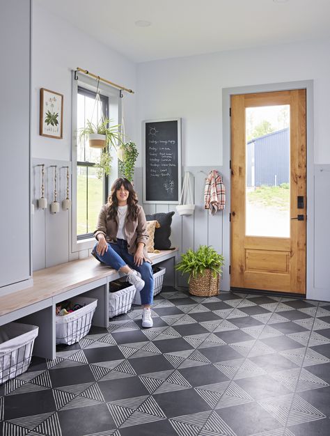 A Stencil and Paint Transformed This Homeowner's Plain Concrete Floors Stenciled Concrete Floor, Stencil Concrete, Basement Painting, Style On A Budget, Painted Concrete, Painted Concrete Floors, Tiled Floors, Midwest Living, Painted Floor