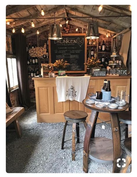 Garden Shed Bar Ideas, Shed Turned Into Bar, Bar In Shed, Bar Shed Backyard, Small Shed Bar Ideas, Pub Shed Ideas, Shed Bars, Man Shed Interior Ideas, Backyard Pub Shed