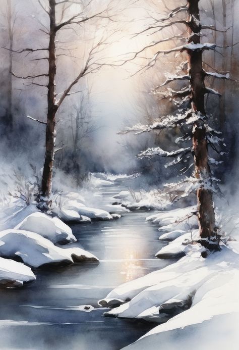 Winter River Painting, Snowy Landscape Painting, Background Watercolor Painting, Watercolor Painting Background, Winter Landscape Watercolor, Watercolor Winter Landscape, Xmas Watercolor, Watercolor Snow, Snow Watercolor