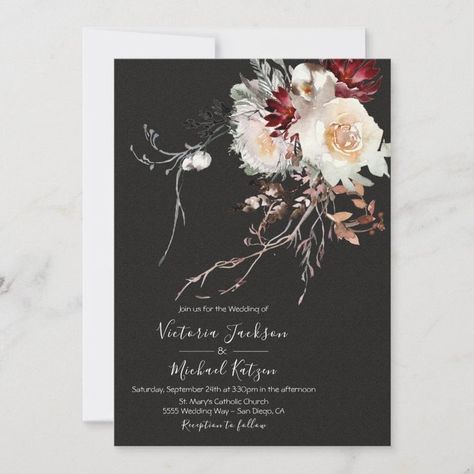 Dark and Moody Winter Floral Wedding Invitation  Zazzle Moody Invitations, Winter Floral Wedding, Masquerade Wedding, Black Designs, Black Wedding Invitations, Fall Bridal Shower, More Than Love, Wedding Invitation Card Design, Floral Bridal Shower Invitations