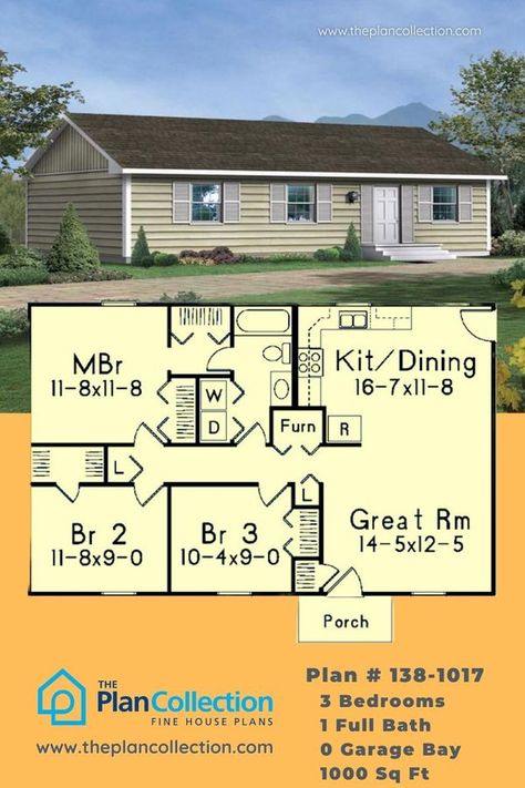 1000 Sq Ft House Plans 4 Bedroom, 3 Bedroom Ranch Floor Plans, Traditional Ranch House, 1000 Sq Ft House, 1500 Sq Ft House, Floor Plans Ranch, Porch Plans, 1000 Sq Ft, Build House