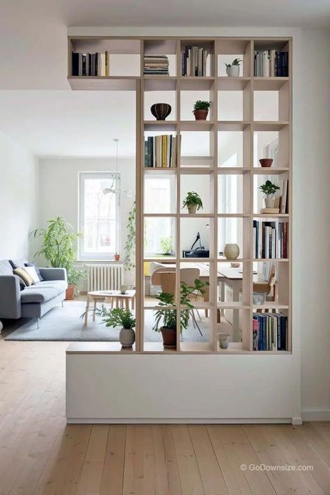 Partition Wall With Shelves, Living Divider Ideas, Bookshelf Partition Wall, How To Divide Kitchen From Living Room, Divider Wall Ideas Living Room, Divide Room With Paint, Kitchen And Living Room Divider Ideas Small Spaces, Home Divider Ideas, Bookshelves Divider