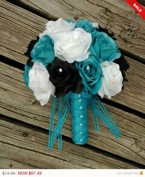 Sale - This listing is made to order and Includes 1 10in Round Rose Bouquet with Silk Malibu Blue(Turquoise) Roses, White Roses, Black Roses Wedding Bouquets White, Turquoise Bouquet, White Rose Wedding, White Rose Wedding Bouquet, Black Bouquet, Silk Bridal Bouquet, Malibu Blue, White Roses Wedding, Blue Wedding Bouquet