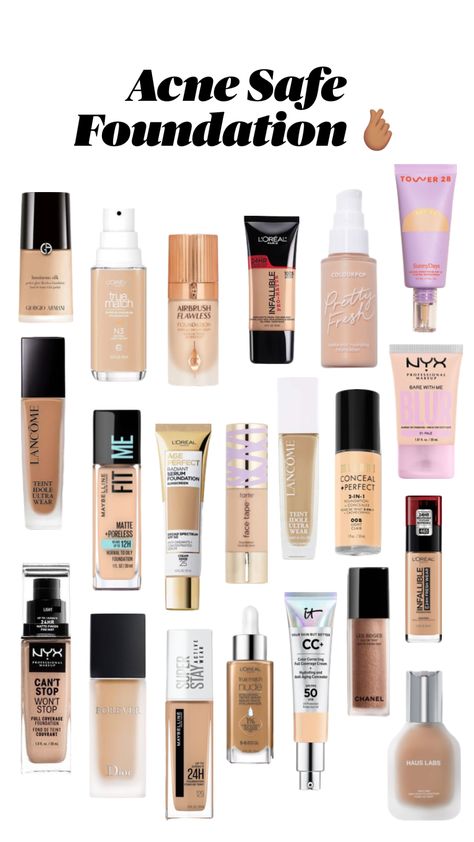 Acne safe foundation ✨ Makeup acne safe | #acnesafe | makeup | aesthetic | recommend | beauty tips | maybelline | #tarte | it cosmetics | chanel | #diorbeauty  #beautyproducts #makeupproducts Acne Safe Foundation, Acne Safe Makeup, Makeup Routine Guide, Makeup Acne, Safe Makeup, Acne Makeup, Makeup For Black Skin, Makeup Accesories, Beauty Makeup Tutorial