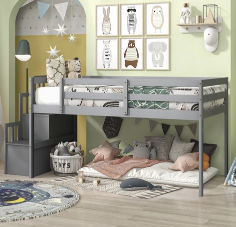 Lofted Toddler Bed with Stairs, Grey Twin Bed On Floor, Toddler Loft Bed, Loft Bed Kids Room Low, Full Size Low Loft Bed, Full Size Loft Bed Low, Toddler Boy Loft Bed With Slide, Pottery Barn Low Loft Bed Boy, Toddler Loft Beds, Loft Bed Frame