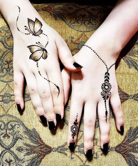 Hana Tato, Henna Butterfly, Tato Henna, Finger Henna Designs, Hand Tattoos For Girls, Henna Tattoo Hand, Simple Henna Tattoo, Latest Henna Designs, Simple Mehndi Designs Fingers