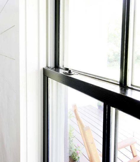 How to Paint Windows Black: No Taping Required - Plank and Pillow Paint Black Window Trim, How To Paint White Windows Black, How To Paint Interior Windows Black, Painting White Windows Black, Paint Interior Windows Black, Painting Interior Windows, Black Painted Window Trim, How To Paint Window Frames, Painted Black Window Frames