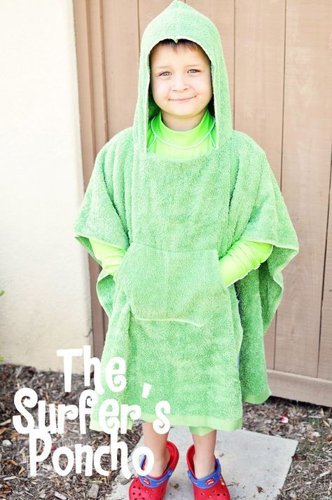 "Summer Social" Guest Project — The Surfer’s Poncho {tutorial} Kids Hooded Towels, Beach Poncho, Hooded Poncho, Poncho Style, Straight Stitch, Hooded Towel, Swimsuit Cover Ups, Learn To Sew, Sewing For Kids