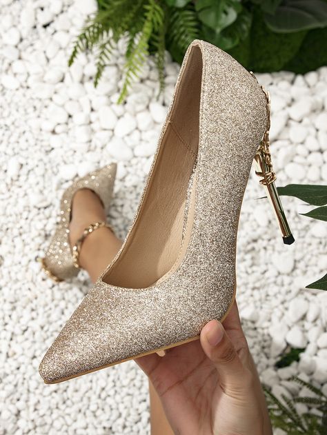 Gold Glamorous Collar   Plain Court Pumps Embellished   Women Shoes Gold Closed Toe Heels, White And Gold Heels, Emerald Green Shoes, Gold Heels Prom, Prom Gold, Formal Heels, Closed Toe Heels, Prom Heels, Golden Girl