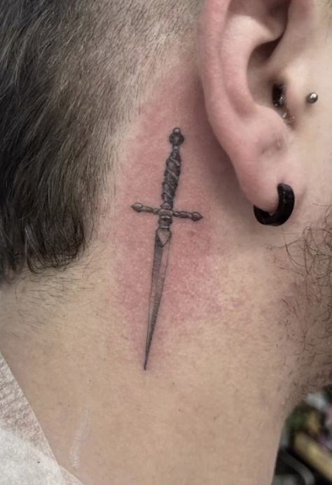 Done by @ rossnagle in allstar tattoo, Limerick, Ireland Single needle, realism, black and grey, dagger / sword Knife Tattoo Behind Ear, Small Swords Neck Tattoo, Knife Neck Tattoo, Dagger Tattoo Men, Dainty Dagger Tattoo, Behind The Ear Tattoo Ideas For Men, Simple Dagger Tattoo, Behind Ear Tattoo Men, October Tattoo