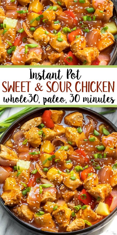 Whole30 instant pot sweet and sour chicken is so easy and so quick to make. It's completely Paleo, sugar free, gluten free, and made in less 30 minutes. The simplicity of this recipe makes it perfect for a weeknight meal that's family friendly, or for Whole30 meal prep. #whole30instantpot #instantpotsweetandsour #sweetandsourchicken #whole30chicken #paleoinstantpot Whole30 Instant Pot, Gluten Free Diet Recipes, Whole30 Meal Prep, Sweet And Sour Chicken, Sweet Sour Chicken, Ayam Bakar, Diner Recept, Sweet N Sour Chicken, Primal Kitchen