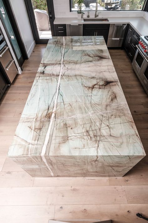 Granite Waterfall Island, Granite Waterfall, Waterfall Island, Granite Island, Modern Kitchen Remodel, Kitchen Installation, Piece Of Art, Kitchen Fittings, Modern Kitchen