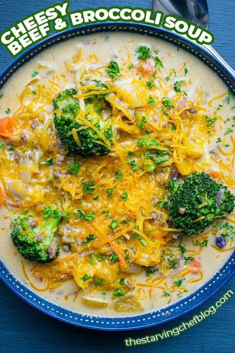 Broccoli Cheese Soup With Ground Beef, Cheeseburger Broccoli Soup, Broccoli Cheese Soup With Fresh Broccoli, Beef And Broccoli Soup Recipes, Broccoli Beef Soup, Beef And Broccoli Soup, Beef Broth Soup Recipes, Soup Images, Soup With Beef Broth