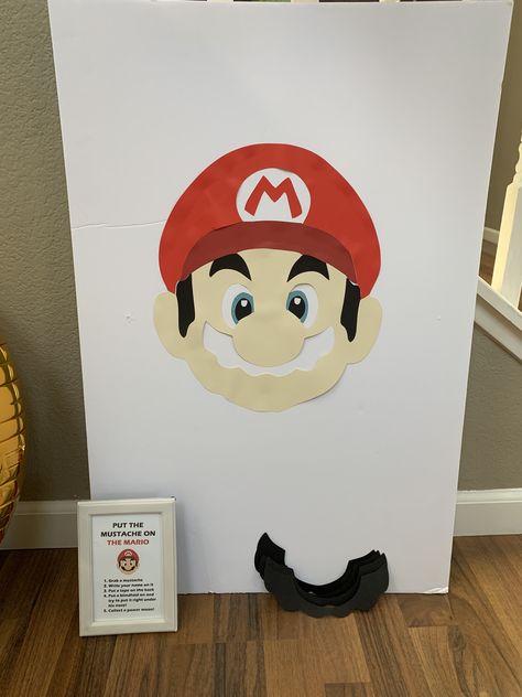 Super Mario Bros Party Ideas Cricut, Cricut Mario Birthday, Pin The Moustache On Mario, Diy Mario Mustache, Super Mario Birthday Party Activities, Mario Birthday Activities, Mario Themed Birthday Party Games, Mario Bros Birthday Party Ideas Diy, Mario Birthday Party Diy Decorations