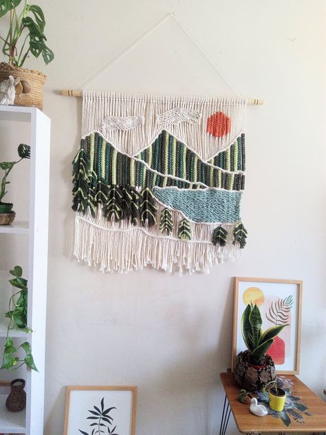 Green Forest Landscape Macrame Wall Hanging, Hand Woven Tapestry Abstract, Mountain Fiber Art, Sunrise Sunset, Mid Century Modern Headboard Landscape Macrame, Mountain Macrame, Yarn Wall Decor, Boho Headboard, Macrame Wall Hanging Large, Mountain Tapestry, Modern Headboard, Abstract Mountain, Yarn Wall