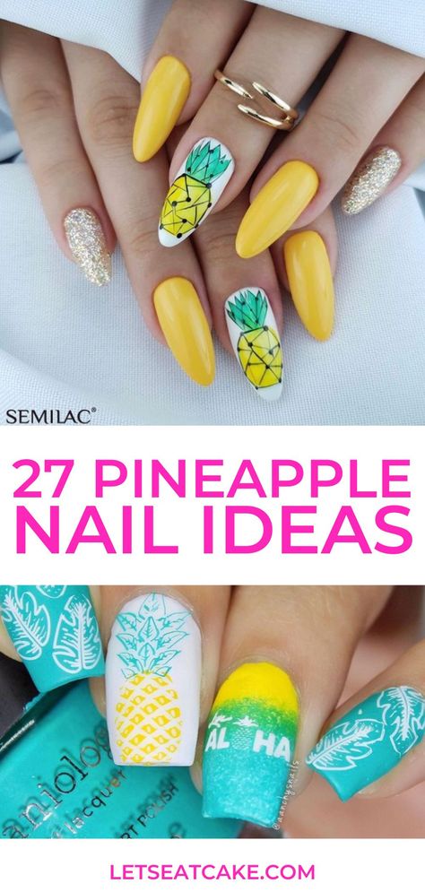 For the perfect summer manicure, it's hard to go wrong with pineapple nails. Find out how to paint a pineapple and get inspired by these nail art designs. #nails #nailart #pineapples #nailideas Nails Pinapple Summer, Nail Art Pineapple, Pineapple Nails Acrylic, Pineapple Gel Nails, Pineapple Nail Art Designs, Margarita Nail Art, Pineapple Nail Designs, Pineapple Manicure, Pineapple Nails Design