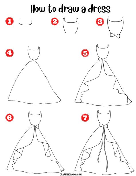 How To Draw A Designer Dress, Drawing Ideas Clothes Sketch, Dresses Drawing Step By Step, Dress Drawing Simple, How To Draw Clothes Easy, Dress Drawing Step By Step, Step By Step Dress Drawing, Dress Drawing Tutorial, How To Design A Dress Drawing