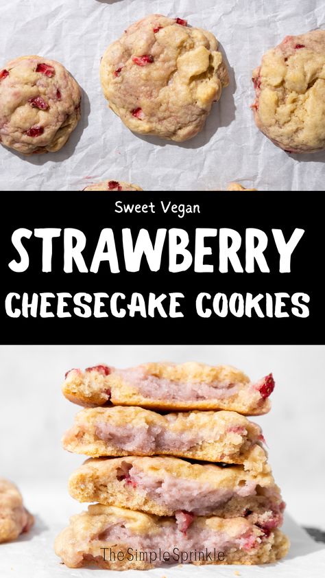 These vegan Strawberry Cheesecake Cookies are delightful treats that combine the flavors of strawberry, cream cheese, and cookies in a plant-based way. These soft and chewy cookies feature a luscious strawberry cream cheese filling. Strawberry Vegan Cookies, Vegan Cream Cheese Cookies, Vegan Cheesecake Cookies, Unique Vegan Desserts, Vegan Stuffed Cookies, Vegan Strawberry Cookies, Strawberry Recipes Vegan, Plant Based Baking, Vegan Strawberry Cheesecake