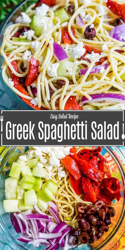 Greek Spaghetti Salad is an easy pasta salad with feta, roasted red peppers, cucumbers, and olives all tossed in a homemade with a Greek dressing! This Greek salad recipe with pasta soaks up the vinegar dressing to make the perfect cold pasta salad for potlucks, 4th of July parties, and BBQs. This spaghetti pasta salad recipe is the ultimate side for summer! Pasta Salad With Feta, Greek Spaghetti, Spaghetti Pasta Salad, Summer Potluck Recipes, Homemade Greek Dressing, Feta Pasta Salad, Spaghetti Salad, Greek Dressing, Summer Potluck