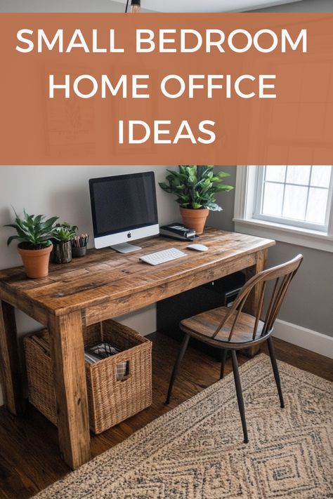 Wooden desk setup in a small home office with a computer, plants, and wicker basket. Small Office Spare Room Ideas, Desk In Bedroom Master Home Office, Office Desk In Bedroom, Small Bedroom Home Office, Ideas For A Small Bedroom, Home Office For Two People, Small Office Ideas Home, Bedroom Home Office Ideas, Small Bedroom Office