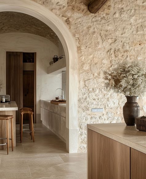 Spain Kitchen, Old Money Interior Design, Old Money Interior, Stone Accent Walls, Stone Interior, Paris Home, Stone Kitchen, Country Interior, Mediterranean Homes