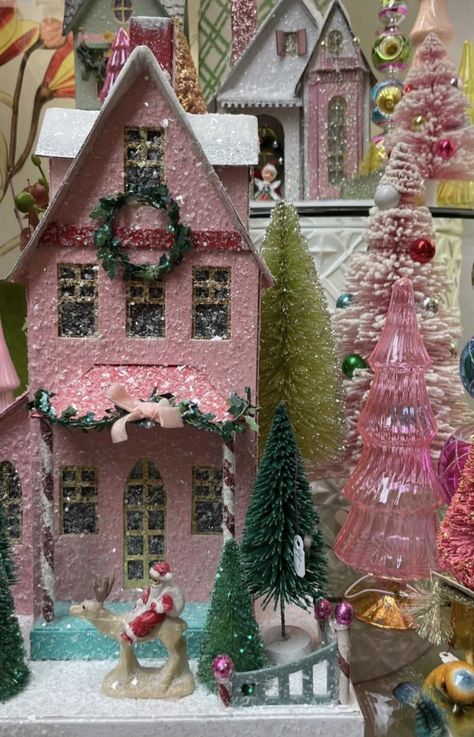 Vintage Christmas Houses, Cody Foster Christmas Village, Pastel Christmas Village Houses, Cody Foster Glitter Houses, Diy Christmas Houses, Puts Houses, Feminine Winter, Sugarplum Christmas, Diy Christmas Village Displays