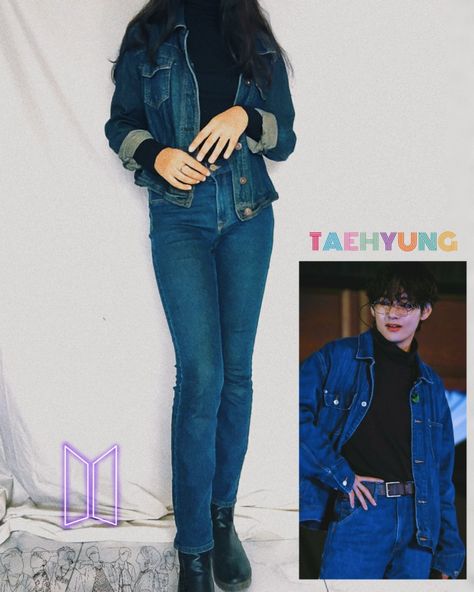 Kim Taehyung outfits, denim on denim. BTS V outfits. V. Celeb inspired outfits. Concert outfits. Minimal fashion. Kim Taehyung Style Outfit, Outfits Estilo Taehyung, Outfits Taehyung Inspired, Kim Taehyung Fashion Style, Kim Taehyung Outfit Inspiration Girl, Kim Taehyung Inspired Outfits, Taehyung Inspired Outfits Girl, Taehyung Casual Outfit, Kim Taehyung Outfit Inspiration