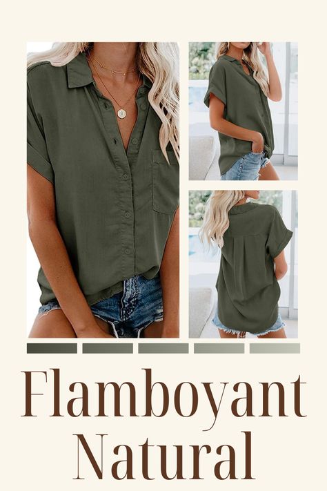 APRAW Womens Casual Short Sleeve Button Down Shirts Summer Cotton Plain Top Blouses with Pockets perfect for a kibbe body type flamboyant natural outfit! Flamboyant Natural Blouses, Flamboyant Natural Summer Style, Flamboyant Natural Outfit, Natural Outfit, Button Down Outfit, Flamboyant Natural, Natural Buttons, Shirts Summer, Natural Women