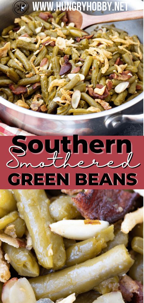 My Grandma's recipe for the BEST Southern Smothered Green Beans that are more delicious than you can even imagine! #sponsored #ad Southern Green Beans With Bacon, Soul Food Green Beans, Green Beans And Bacon, Beans And Bacon, Southern Soul Food, Smothered Green Beans, Southern Style Green Beans, Seasoned Green Beans, Southern Green Beans